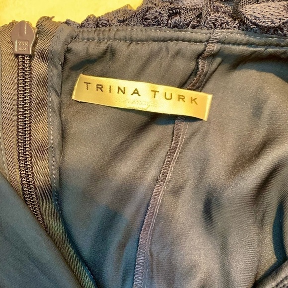 Trina Turk Dress Medium Navy Blue Mini Long Slvs Lace Dots Ruffle Neckline Cuffs - Picture 11 of 16